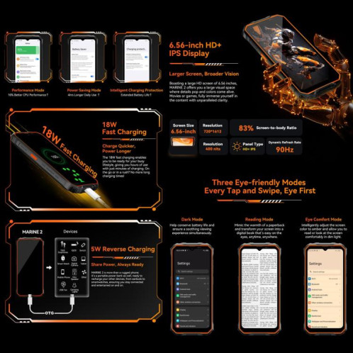  Blackview Oscal Marine 2, 8 Go + 256 Go, écran 6,56 pouces, Android 15, processeur Unisoc UMS9230E T615 Octa Core, réseau : 4G, OTG, NFC (Orange) SB933E1049-033
